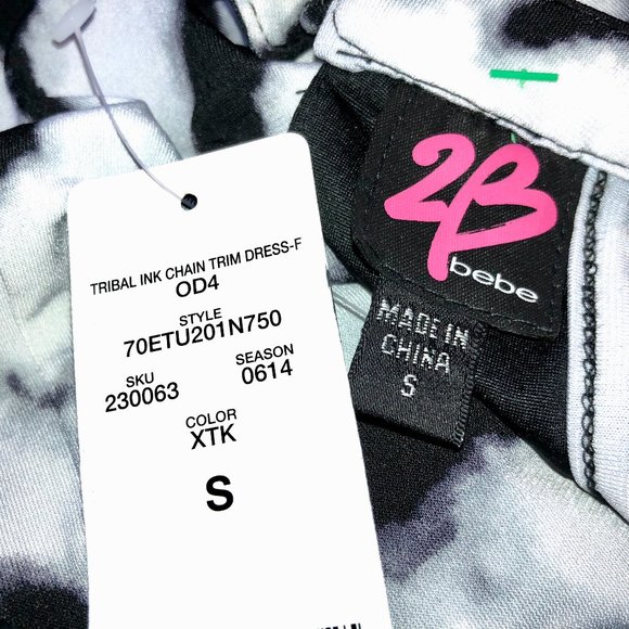 Bebe Dress Sleeveless Tribal Ink with Chain Trim Stretch NEW with tags - Picture 9 of 11